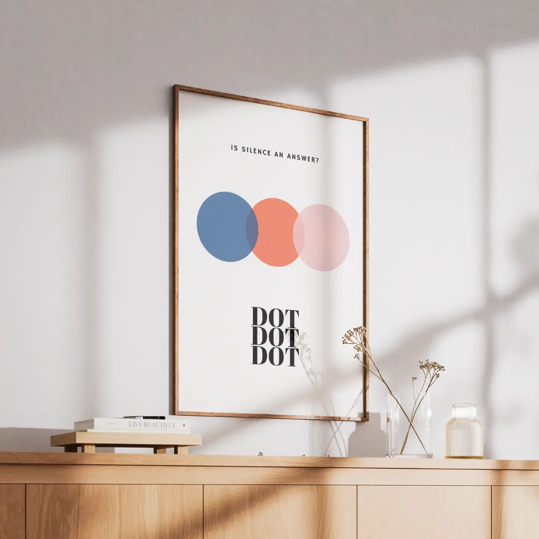Is silence an answer? poster - Abstract minimalist wall art with overlapping circles in blue, orange, and pink.